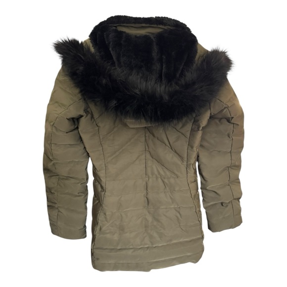ZARA Longline Puffer Coat Green Faux Fur Removable Hood Small Down Feather Fill - Picture 4 of 9
